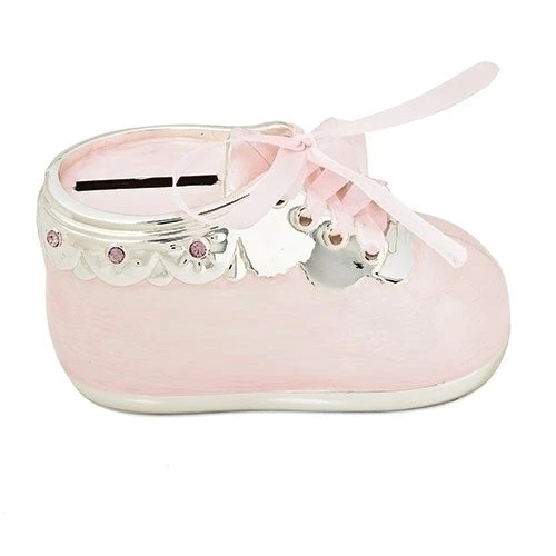 Baby Girl's Pink Shoe Bank With Jewels And Ribbon Laces 3 Baby Girl's Pink Shoe Bank With Jewels And Ribbon Laces