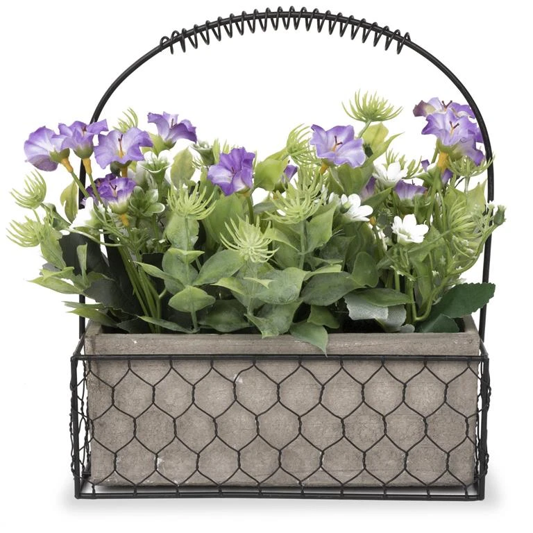 Purple Flower Arrangement In Wire Basket 3 Purple Flower Arrangement In Wire Basket