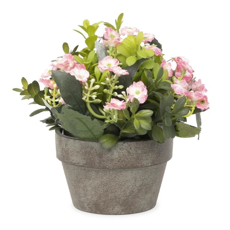 Pink Flowers & Greenery In Gray Pot 3 Pink Flowers & Greenery In Gray Pot