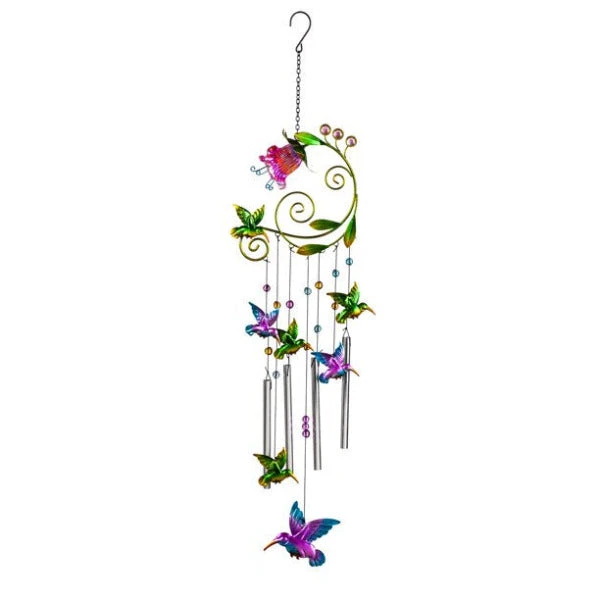 Glass Metal Flower With Hummingbird Windchime 3 Glass Metal Flower With Hummingbird Windchime
