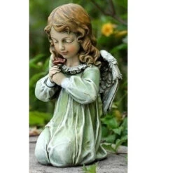Kneeling Praying Angel With Red Rose Garden Statue 12"